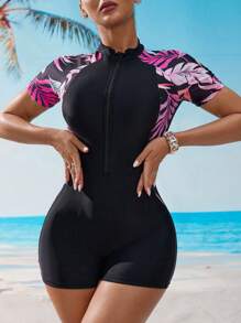 Swim SPRTY 1 件女士简约拉链连体泳衣，夏季时尚