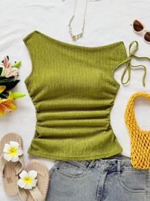 Soleia 女士度假修身上衣，纹理面料，系腰，开衩袖，适合派对、约会、城市街道、公路旅行、夏季海滩度假夏季上衣毕业教堂 - 橄欖綠 - 查看 3