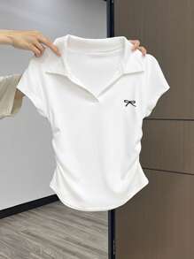 Women Bowknot Printed Turn-Down Collar Short Sleeve Ruched Casual T-Shirt - White - View 3