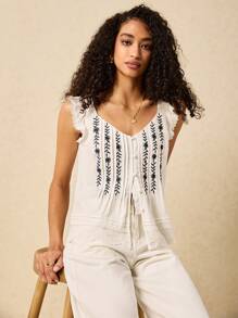 Poéselle Damen Blumen Stickerei Tank Top für den Sommer