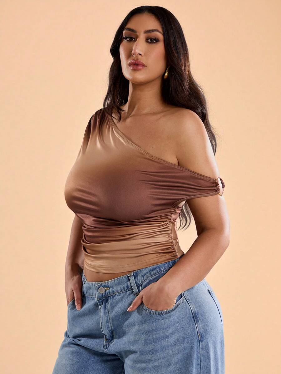 SHEIN BAE 加大码女式优雅简约扎染图案宽松不对称褶皱不对称领口短上衣，适合夏季、女士度假装、母亲节、母亲节礼物、妈妈、长春、复活节及毕业典礼、节日之夜、夏季、优雅、音乐会女士、女士夏季、夏季上衣 - 卡其色 - 查看 1