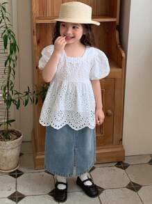 DAZY Set de 2 piezas de parte superior de manga corta con cuello y pantalones vaqueros para niñas, para verano - Blanco - Ver 3