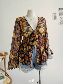 Soleia 大码女式复古花卉印花 V 领长袖裹身衬衫，针织网眼上衣，适合秋冬季外套 - 彩色 - 查看 8