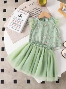 2pcs/Set Girl Toddler Floral Embroidery Ruffled Cap Sleeve Top And Mesh Skirt Set, Sweet Fashion Versatile Summer Outfit Suitable For Parties And Vacations