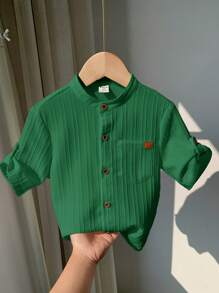 SHEIN LMoss Kids Áo sơ mi cổ bẻ cơ bản thường ngày cho bé trai LMoss có túi, thoải mái và thoáng khí - màu xanh lá - Xem 1