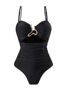 Swim Oasis 2025 New Women's 2pcs Black Hollow-Out Bandeau Connected Swimsuit & Beach Skirt Set, Casual Summer Vacation - Black - View 3