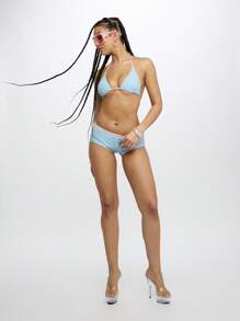 SUMWON WOMEN 夏季假日泳池派对度假装超短款两件套三角上衣沙滩装高开叉比基尼套装 - 藍色 - 查看 3