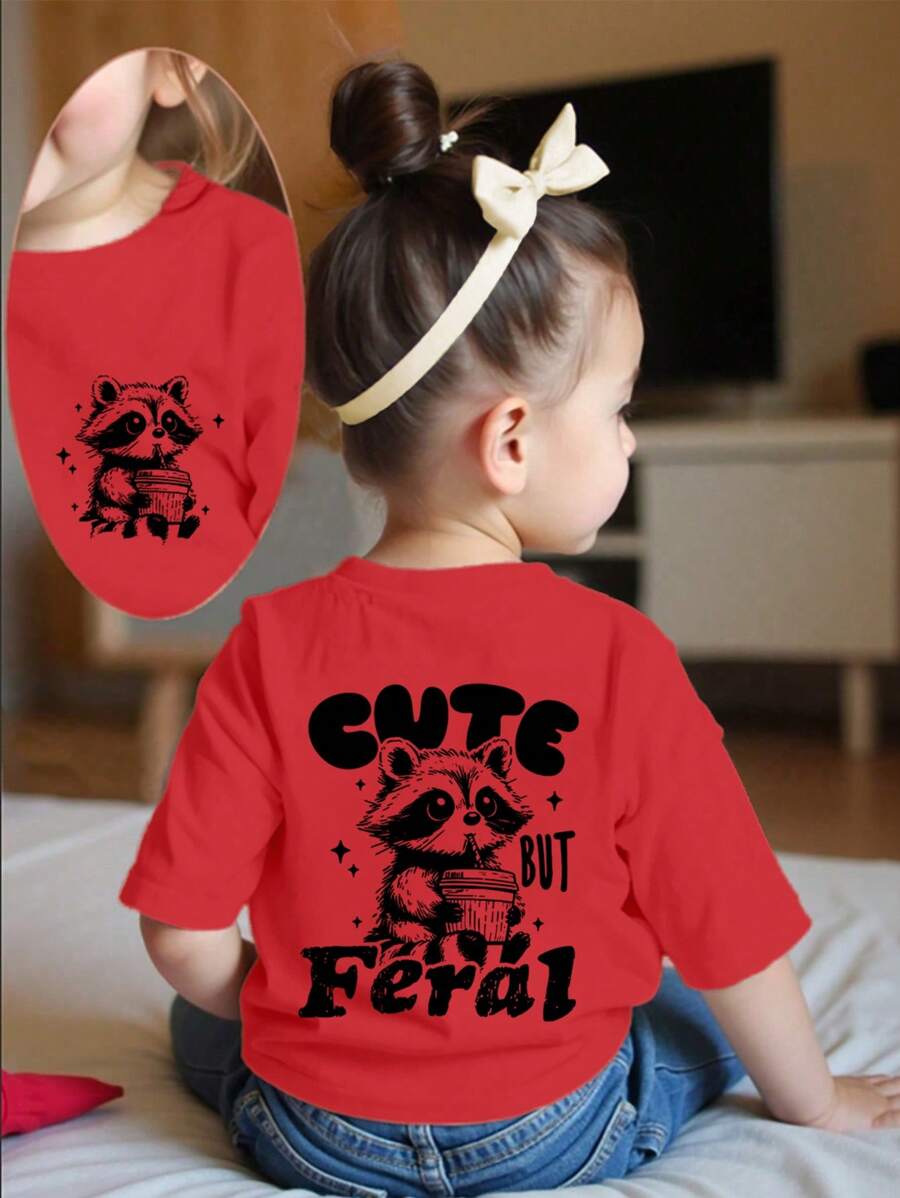 Baby Girl Casual Short Sleeve T-Shirt With Cute Raccoon & 'Cute But Feral' Letter Print, Spring/Summer - Red - View 1