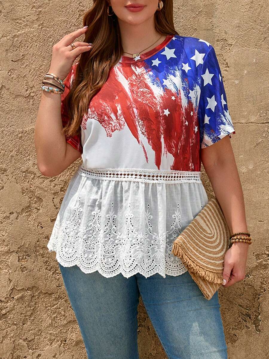SHEIN LUNE Camiseta talla grande con parches, bordado hueco, volantes florales e impresión de la bandera de EE. UU. para el 4 de julio - Multicolor - Ver 1