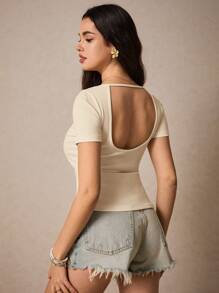 Poéselle Solid Backless Short Sleeve Tee, Effortless Chic Essential, Summer Top, Bottoming T-Shirt, Casual Chic Style For All Occasions