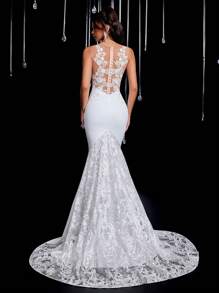 Glamrae 优雅奢华刺绣蕾丝贴花拼接弹力针织性感V领露背鱼尾婚纱，适合婚礼、毕业典礼、情人节等场合。 - 米色 - 查看 7