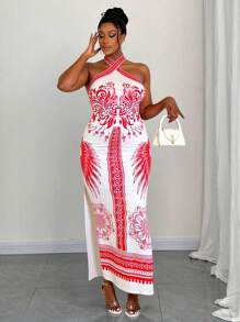 Maweii 大码花卉印花 V 领开衩连衣裙，夏季假日 - 彩色 - 查看 1