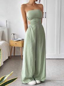 SHEIN EZwear 大码女式夏季性感绿色露背吊带连体裤 - 綠色 - 查看 6