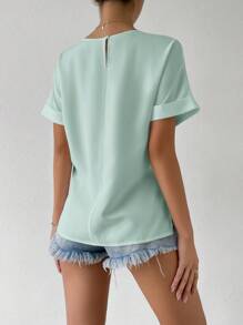 SHEIN Essnce 大码女式春夏时尚休闲宽松舒适凉爽日常基本款黑色短袖衬衫、工作上衣、夏季、办公室服装、老式风格衬衫、工作上衣、极简主义风格 - 薄荷綠 - 查看 2