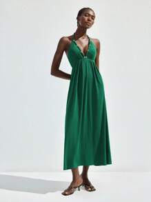 Maija Robe d'été 2025 nouvelle avec décoration de perles en métal, dos noué. Robe décontractée chic et élégante, polyvalente, pour plage, vacances, ville, soirées, brunch, bureau, graduation, festival de St. John - Vert - Voir 5