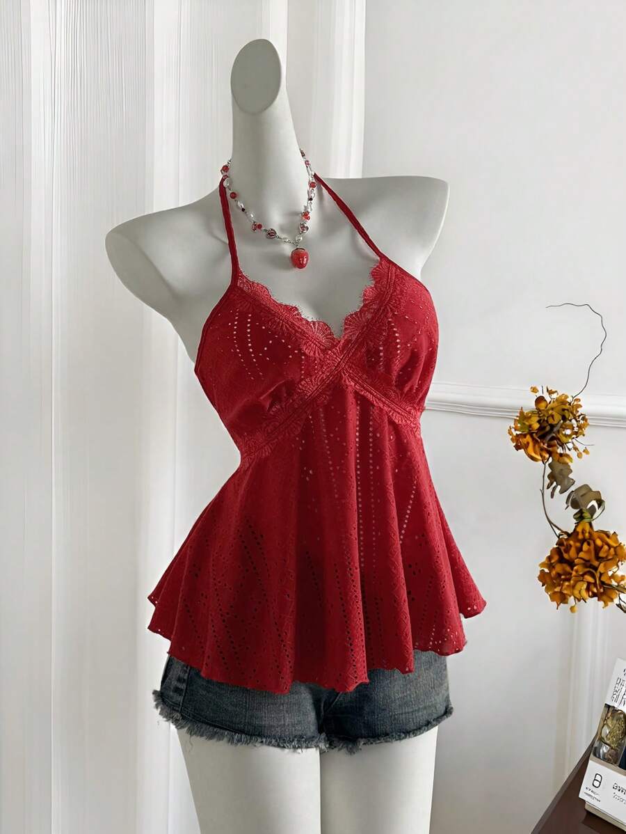 Sweetra Áo hai dây ren kẻ caro đỏ cho nữ, thích hợp cho kỳ nghỉ bãi biển mùa xuân/hè - Đỏ - Xem 1