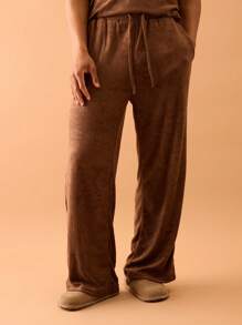 Musero Elasticated Straight Leg Towelling Trousers Summer Streetstyle Vacation Smart Casual - Brown - View 2