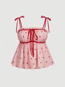SHEIN MOD Plus Size Women's Cherry Print Ruched Bowknot Camisole Top Summer Clothes Women Summer Shirts Women Summer Sets Women Clothes Women Clothing Summer Outfits - Pink - View 1