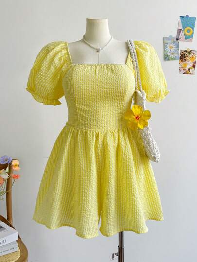 Dreamara Robe d'été casual à encolure carrée avec manches ballons, volants, à carreaux orange et blanc pour femme grande taille