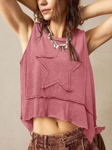 Bohemela Tricou casual pentru femei, de culoare simplă, tricotat cu gâtul turn, fără mâneci, tiv asimetric, cu broderie cu stele în cinci colțuri - Roz praf - Vizualizare 5