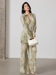 Heiryn Women Two Pieces Outfits For Daily Wear Women Summer Clothing Pleate Smudge Tie-Dye Shirt Trousers Resort Suit