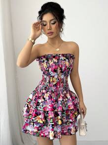 Elenzga Pink Sexy Cake Floral Print With Ruffle Trim Design Ladies Dress - Red and Black - View 4