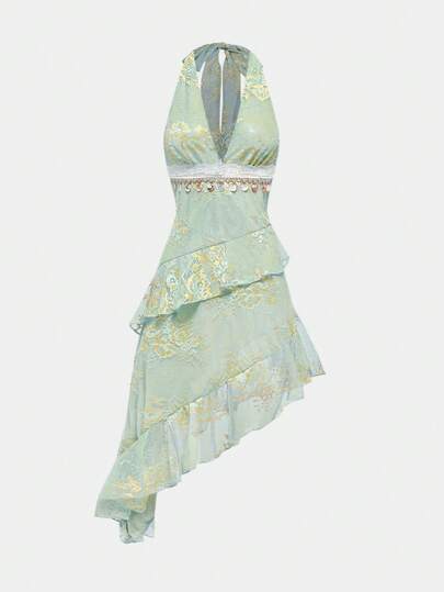 Fairycore Summer Women's Outfits Vacation Boho Style Vintage Pendant Colorblock Lace Fitted Mid-Length Dress