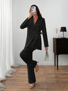 EURMUSE WOMEN ELEGANT SUIT SET WITH BELT DETAILED - Black - View 4