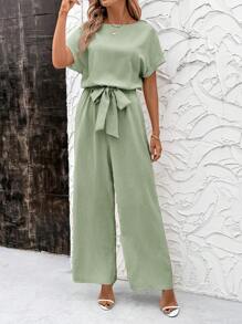 SHEIN Clasi Summer Elegant Women's Blue Cool Linen Pleated Fabric With Shoulder Sleeves And Tied Waist Short Sleeved Jumpsuit, Suitable For Various Occasions, Daily Travel, Outings, Etc - Mint Green - View 5