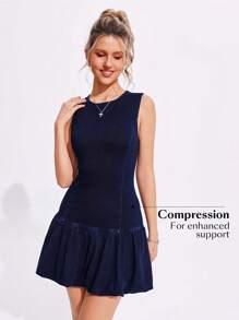 Flexra Vestito di jeans casual da donna, con collo rotondo, senza maniche, con orlo plissettato