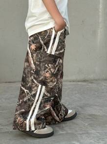 SHEIN 1 件年轻男孩休闲运动可爱日常舒适街头印花腰带直筒裤，适合外出、学校、聚会、春夏秋冬季节、返校、秋季迷彩裤迷彩工装裤男童迷彩裤男童迷彩裤男童工装裤