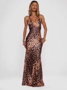 MUSERA 豹纹露背性感长款假日派对连衣裙，适合夏季度假、伊比沙岛婚礼宾客、海滩之夜、生日约会、万圣节、秋季派对、时尚夏季装扮，优雅迷人。 - 棕色 - 查看 3