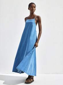 Maija 女士蓝色牛仔吊带裙，休闲商务度假露背优雅连衣裙 - 淺色水洗藍 - 查看 4