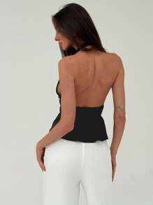 Aloruh Women's Fashion Pearl Decor Halter Neck Sleeveless Top - Brown - View 2