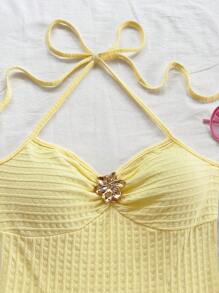 Soleia Vacation Romantic Tie Neck Ruffle Layered Mini Dress, Light Yellow, Suitable For Music Festival, Boho, Holiday Date, Afternoon Tea, Beachside, Summer Outfit Butter Yellow Dress Vacation Dress - Yellow - View 7