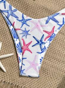 Swim Mod Conjunto de bikini sexy de 2 piezas con sujetador triangular y braga de tiro alto con estampado aleatorio y textura de tela, para vacaciones de verano