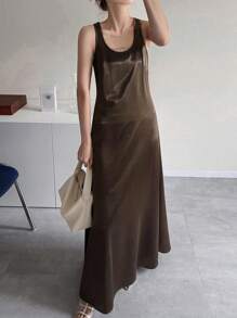 FRIFUL Women's Simple Solid Color Round Neck Camisole Dress, Summer - Brown - View 2