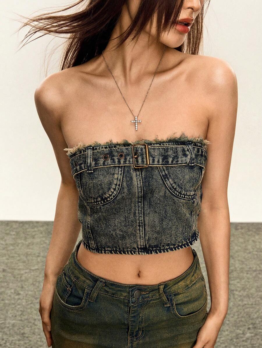 INAWLY Fashionable Washed Frayed Hem Cropped Denim Bustier Top - Dusty Blue - View 1