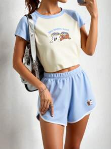 one one zero seven Blue & White Color-Block, Cartoon Print, Simple Casual Sports Shorts For Women, Summer - Blue and White - View 9