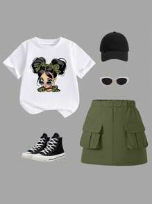 Young Girl Casual Minimalist Pattern Short Sleeve Round Neck T-Shirt And Matching Short Skirt Set, Summer Summer Holiday