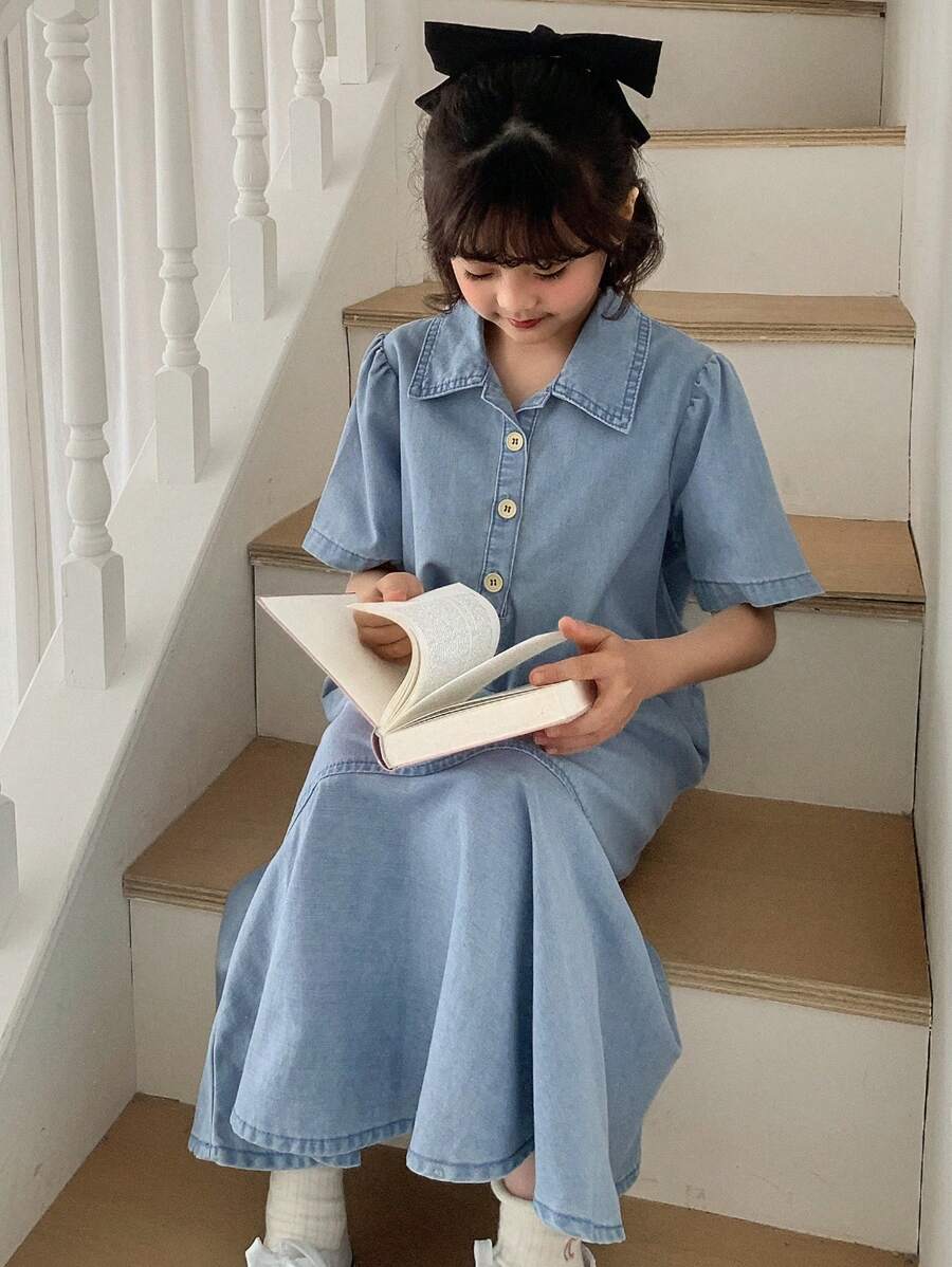 Dazy Kids Tween Girl Denim Dress, Short Sleeve, Turn-Down Collar, For Summer, Back To School Clothes