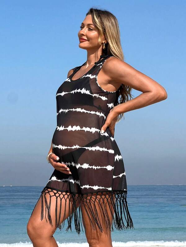 SHEIN Pregnant Women Tie Dye Print Tassel Hem Mesh Cover Up Dress