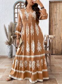 SHEIN LUNE 加大码西式休闲度假音乐节复活节印花连衣裙春假波西米亚风狂欢装节日春假装旧钱风格女性狂欢装休闲优雅花卉度假装女士音乐会装女士狂欢装节日狂欢装乡村音乐会装纳什维尔装伊比沙岛装西部装女士波西米亚风度假装女士，女士夏季装女士夏季服装女士加大太阳裙女士短裙夏季女士夏季套装女士夏季套装 - 卡其色 - 查看 4