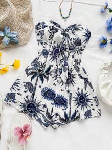 Soleia 女士度假巡航夏季派对连体裤，蓝色水彩剪影印花，正面扭纹细节，宽松版型，适合派对、约会、情人节，可内外穿着 - 彩色 - 查看 3