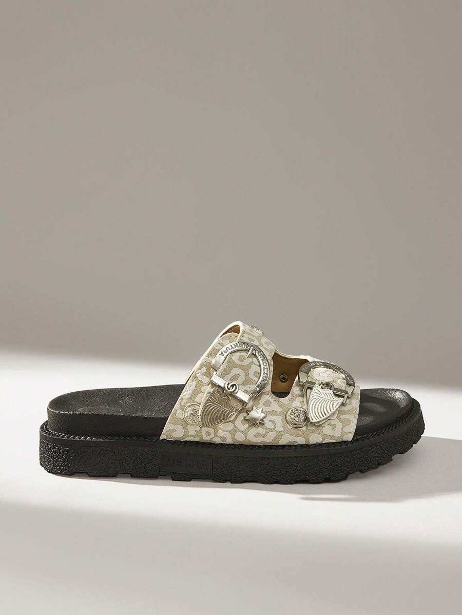 女士日常穿着豹纹可调节扣厚底复古拖鞋 - 米色 - 查看 1