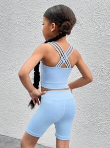 SHEIN 2pcs/Set Young Girl Solid Color Knit Camisole Top And Shorts Activewear Set