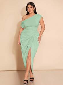 SHEIN BAE Quần áo mùa xuân hè đi nghỉ biển cỡ lớn thời trang thu đông cho nữ thanh lịch cho bữa tiệc hẹn hò màu đen co giãn thoải mái với các chi tiết xếp nếp váy trễ vai xẻ tà bất đối xứng, váy midi xẻ tà, váy sinh nhật cho nữ - Màu xanh Bạc hà - Xem 5