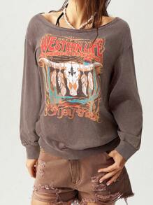 Bohemela Solid Color Knitted Oblique Shoulder Loose Distressed Long Sleeve Sweatshirt For Women - Brown - View 4