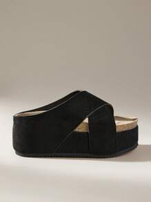 Solecia Women's Fashion Cork Wedge Slip-On Sandals, Casual Daily Wear - Black - View 1
