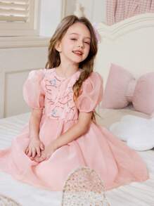 Fern Glow  Young Girl's Elegant Floral Mesh Sleeveless Dress For Summer - Pink - View 6